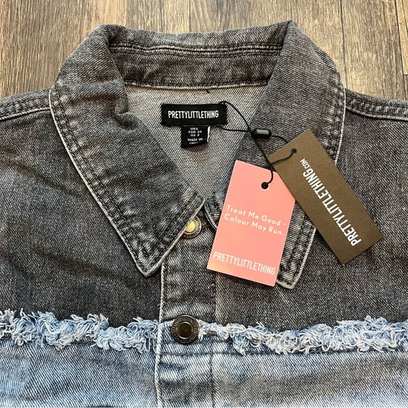 NWT PrettyLittle Thing Grey Blue Double Layered Denim Cropped Jacket Coat Size 2 - Picture 5 of 10